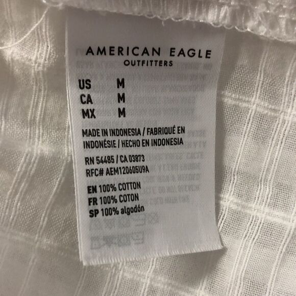 AE M Sheer Crisp White Baby Doll Balloon Sleeve Plaid Blouse - Picture 10 of 13